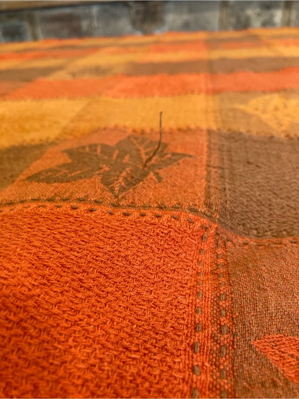 Fall Autumn Plaid Tablecloth Cotton Leaves Orange Brown 71 x 52”